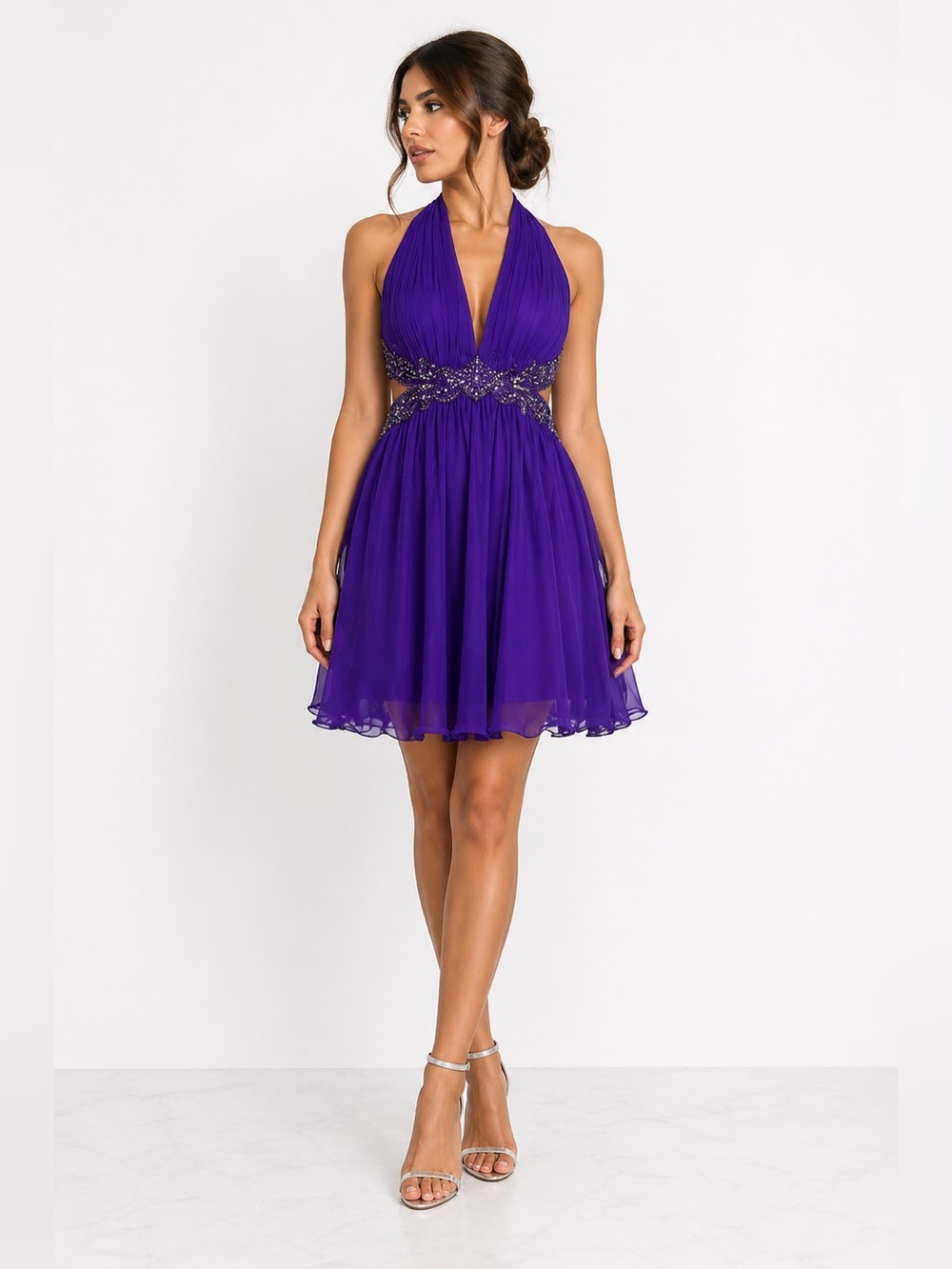 Tony Bowls Purple Halter Chiffon Beaded Mini Dress Prom Size 8